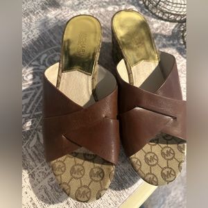 MICHAEL KORS GABI Mule Mocha Leather Wedges 9.5M